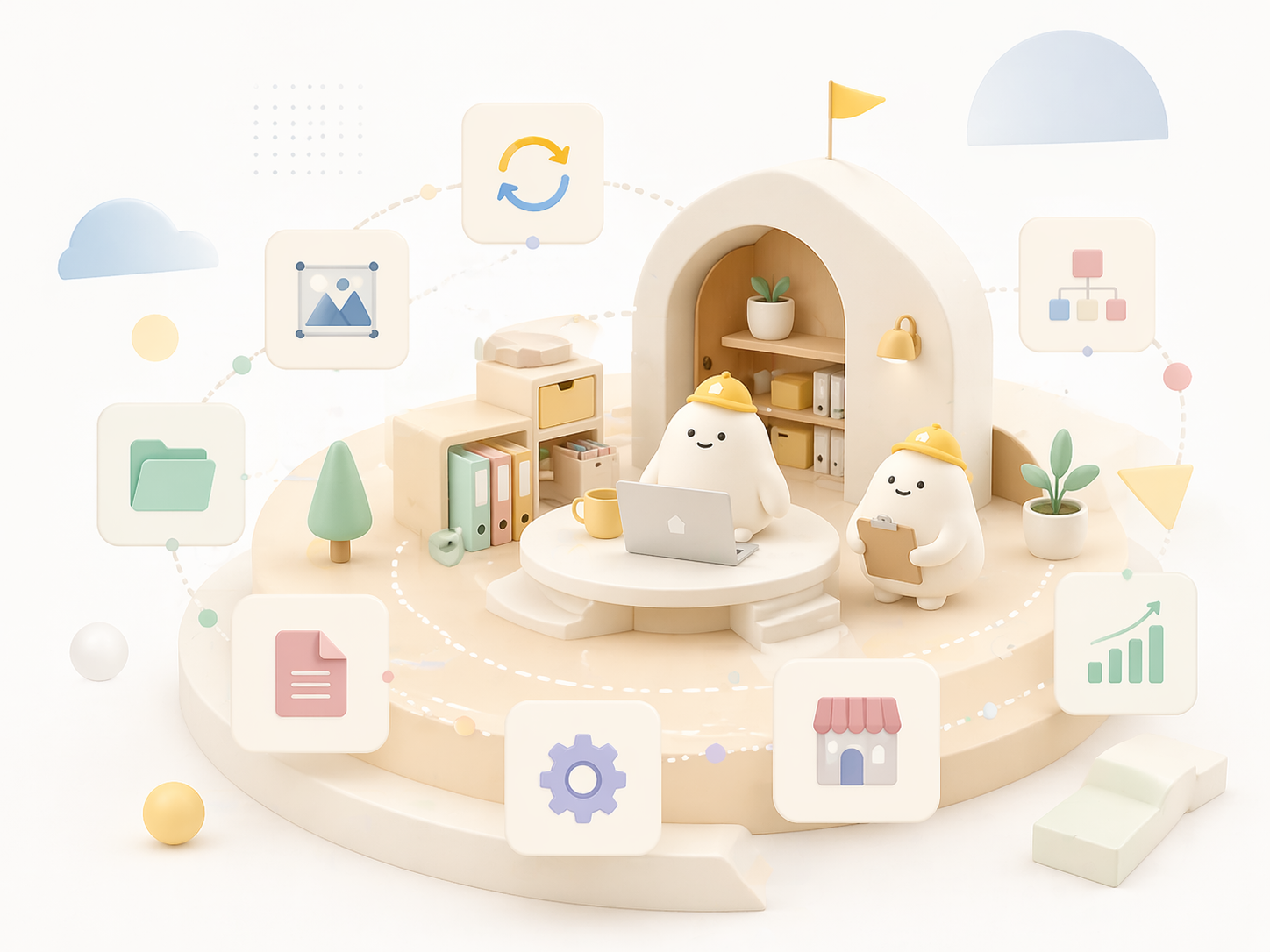 小さなキャラクターが実務ツールを整えている、みせべーすの作業台イメージ